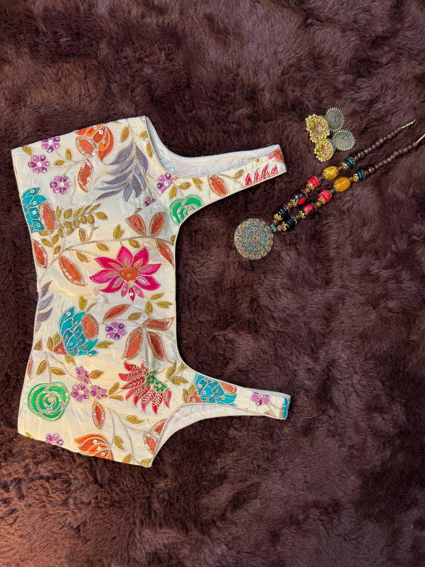 White Garden Multi-Colour Silk Sleeveless Blouse with Rich Floral Embroidery