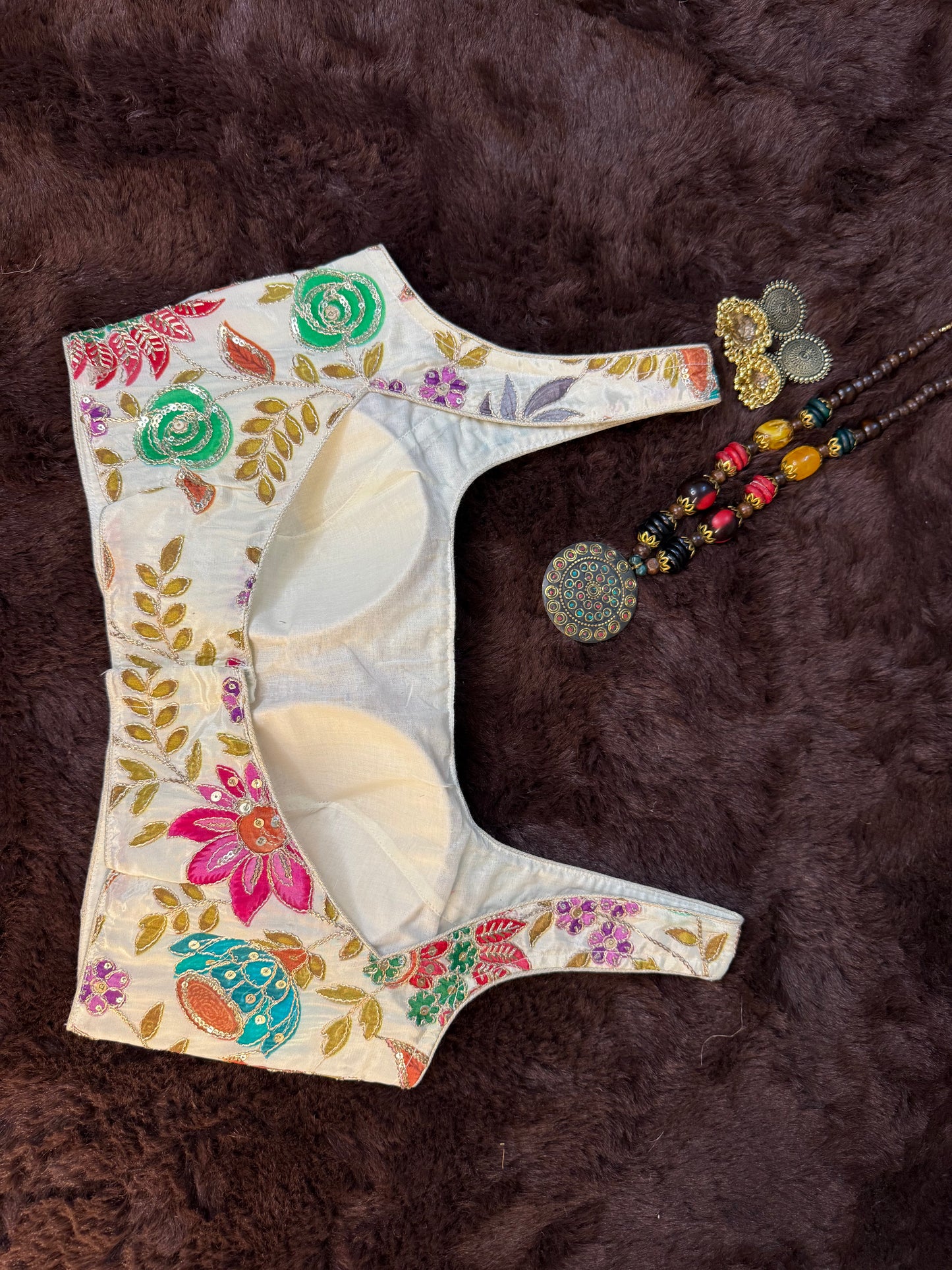 White Garden Multi-Colour Silk Sleeveless Blouse with Rich Floral Embroidery