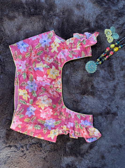 Organza Floral Blouse with Ruffled Sleeves