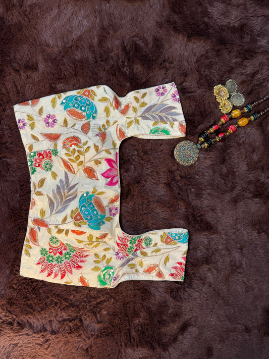 White Garden Multicolor Silk Blouse with Rich Floral Embroidery