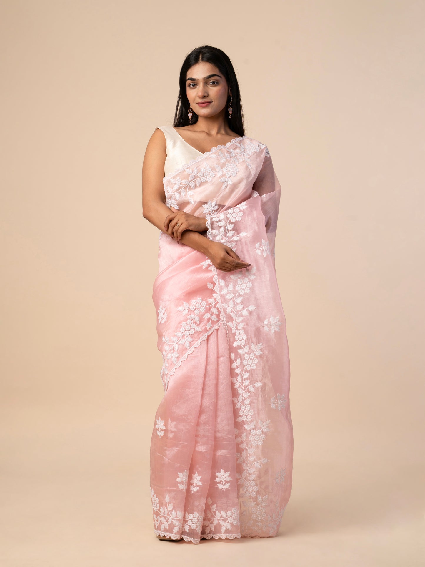 Blush Pink Organza Saree with White Thread Embroidery and Scalloped Border
