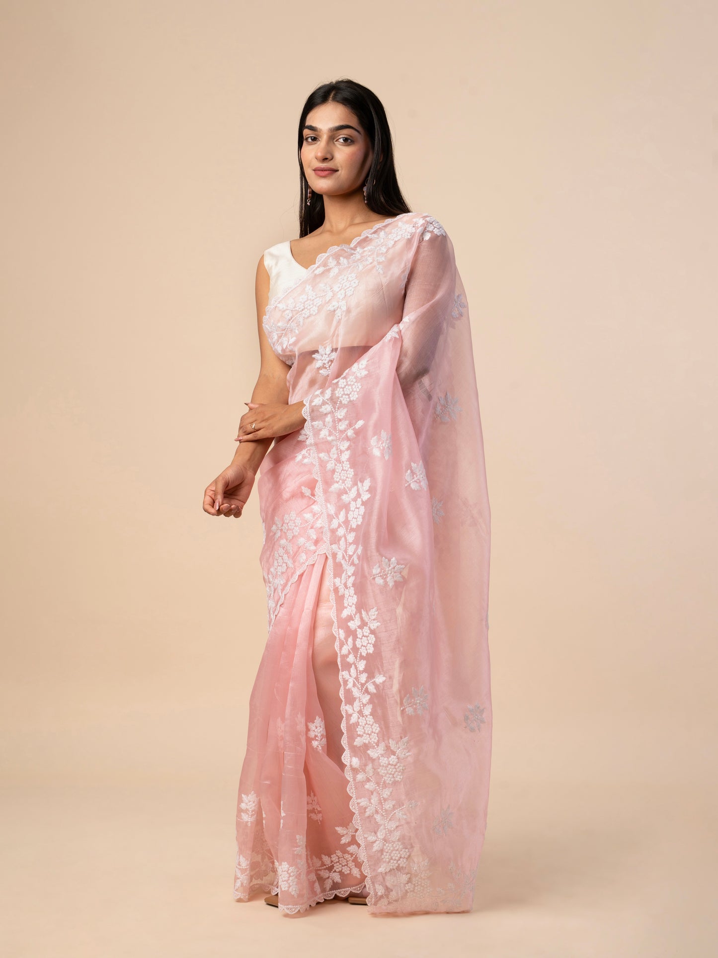 Blush Pink Organza Saree with White Thread Embroidery and Scalloped Border