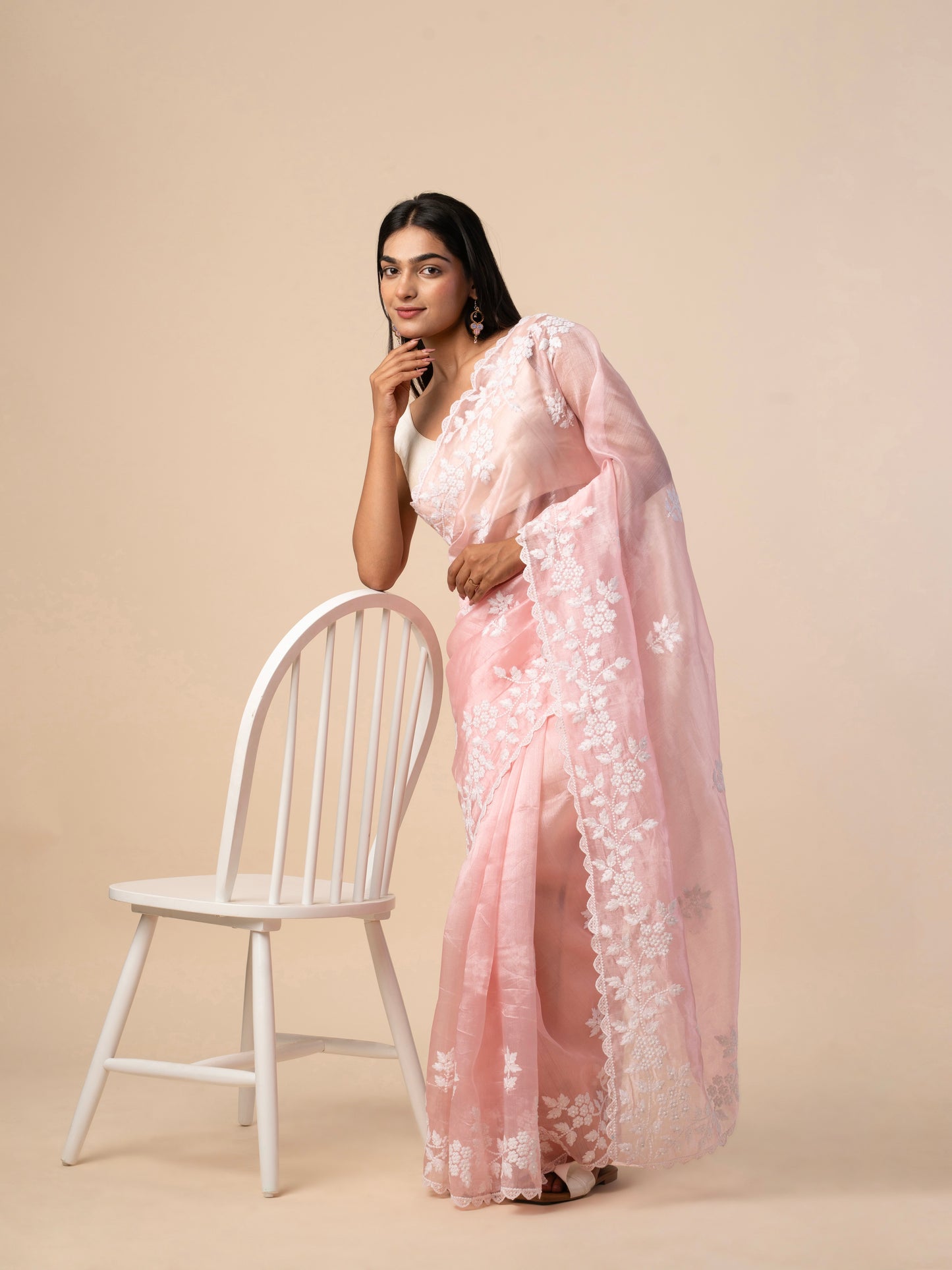Blush Pink Organza Saree with White Thread Embroidery and Scalloped Border