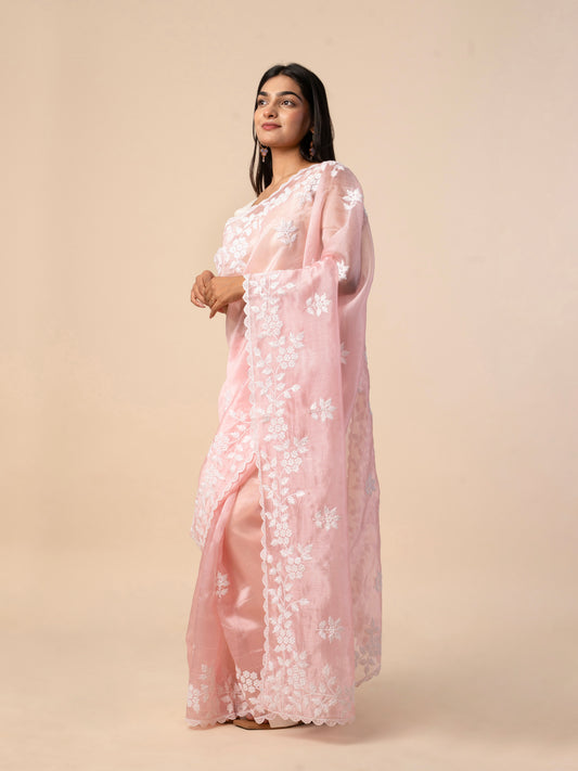 Blush Pink Organza Saree with White Thread Embroidery and Scalloped Border