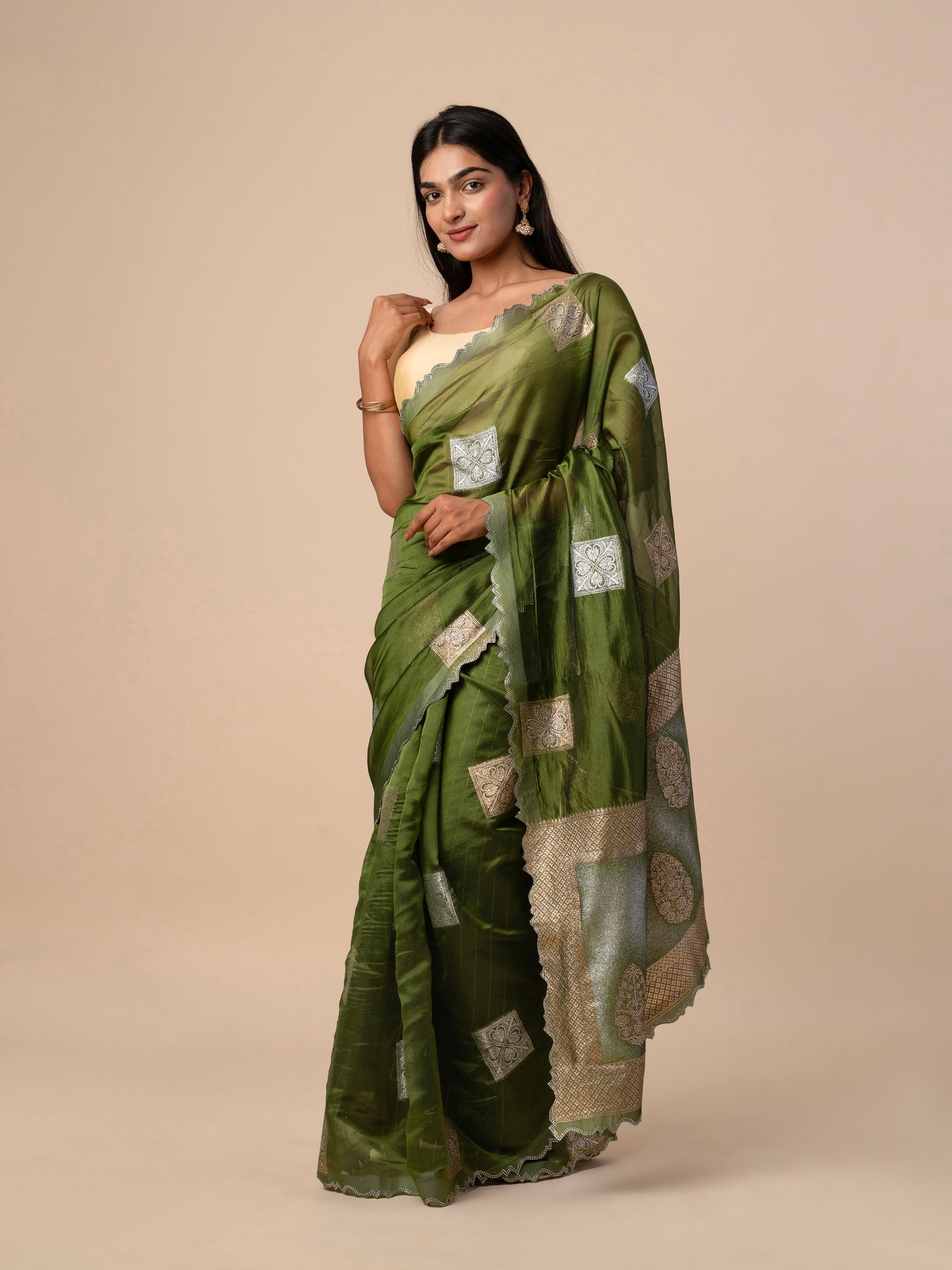 Mehndi Green Organza Saree with Silver Thread Patch Embroidery & Zari Border