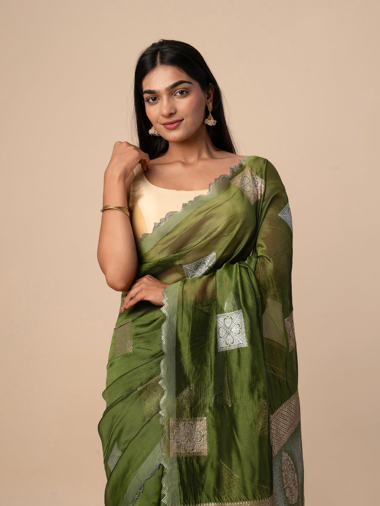 Mehndi Green Organza Saree with Silver Thread Patch Embroidery & Zari Border