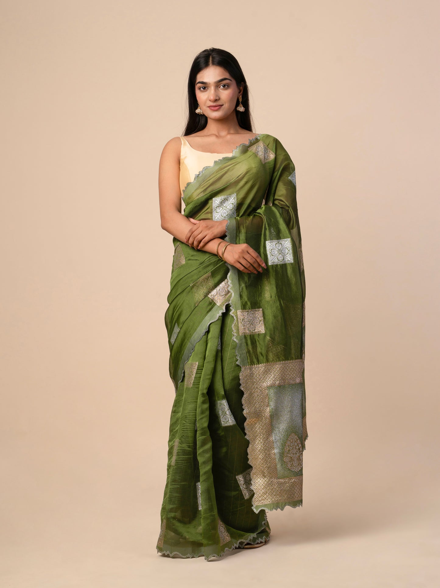 Mehndi Green Organza Saree with Silver Thread Patch Embroidery & Zari Border