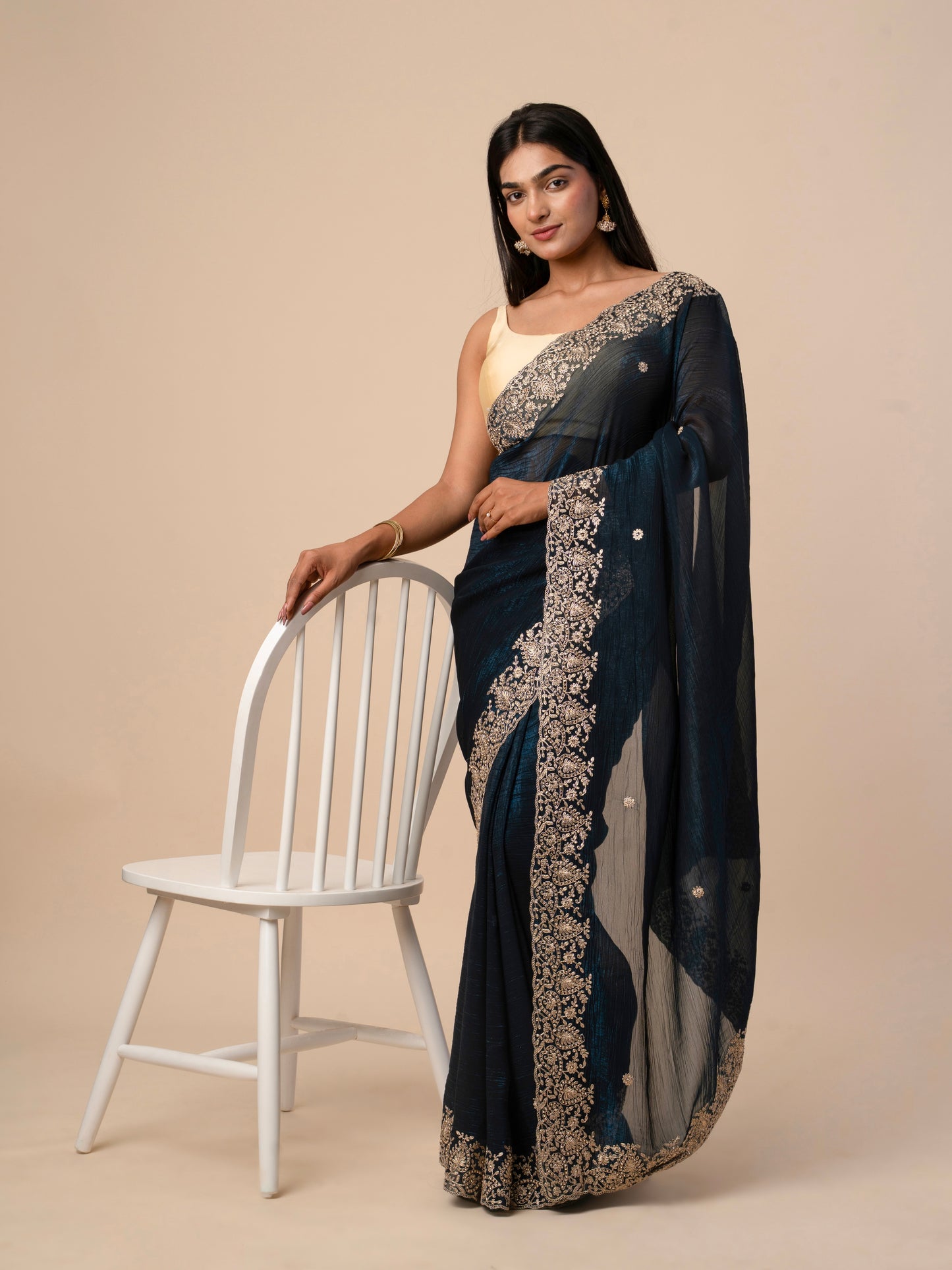 Crushed Zimmy Chuu Saree with Heavy Gold Thread Embroidered Border