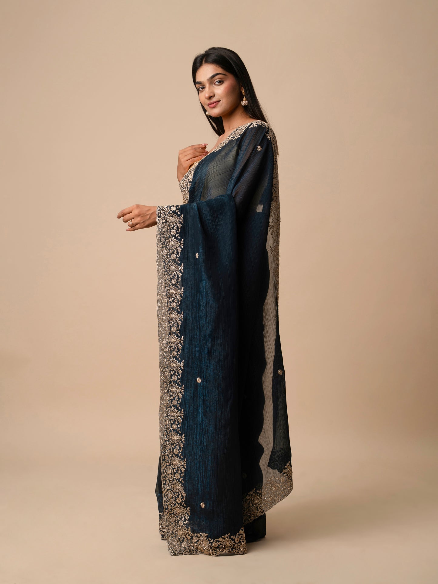 Crushed Zimmy Chuu Saree with Heavy Gold Thread Embroidered Border