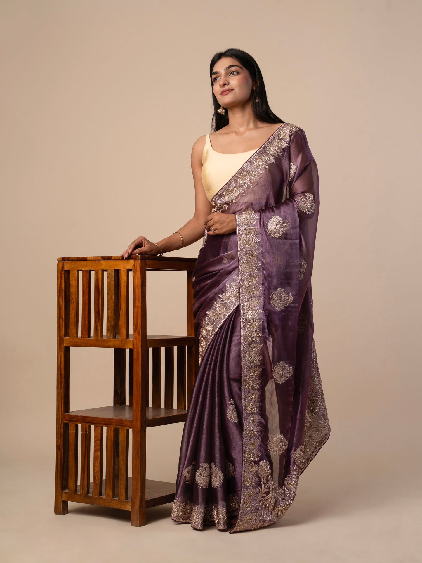 Plum Purple Crushed Zimmy Chuu Saree with Heavy Gold Embroidery and Peacock Motif Border