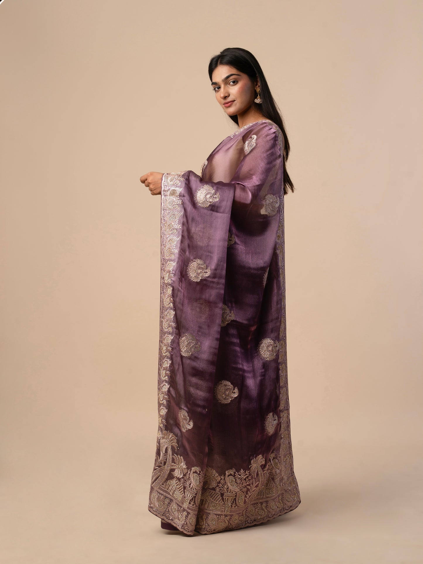 Plum Purple Crushed Zimmy Chuu Saree with Heavy Gold Embroidery and Peacock Motif Border