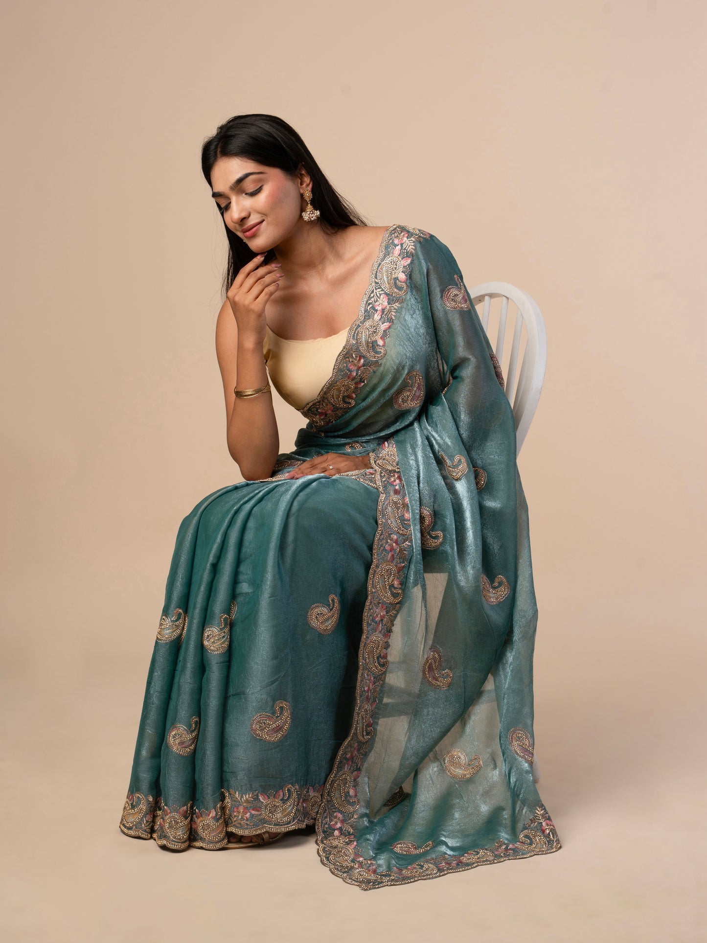 Chiffon Silk Saree with Intricate Paisley Embroidery and Embellished Floral Border