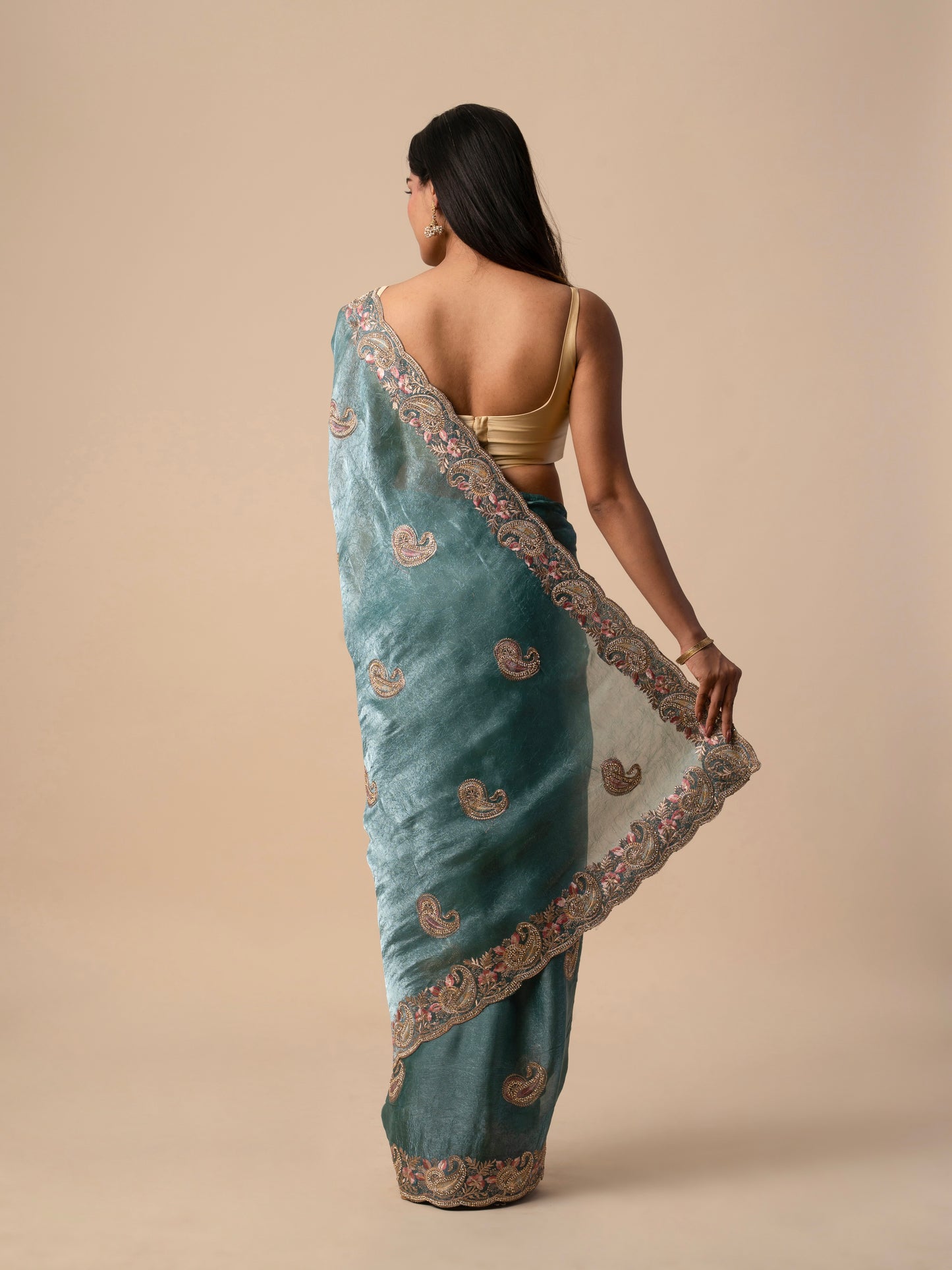 Chiffon Silk Saree with Intricate Paisley Embroidery and Embellished Floral Border