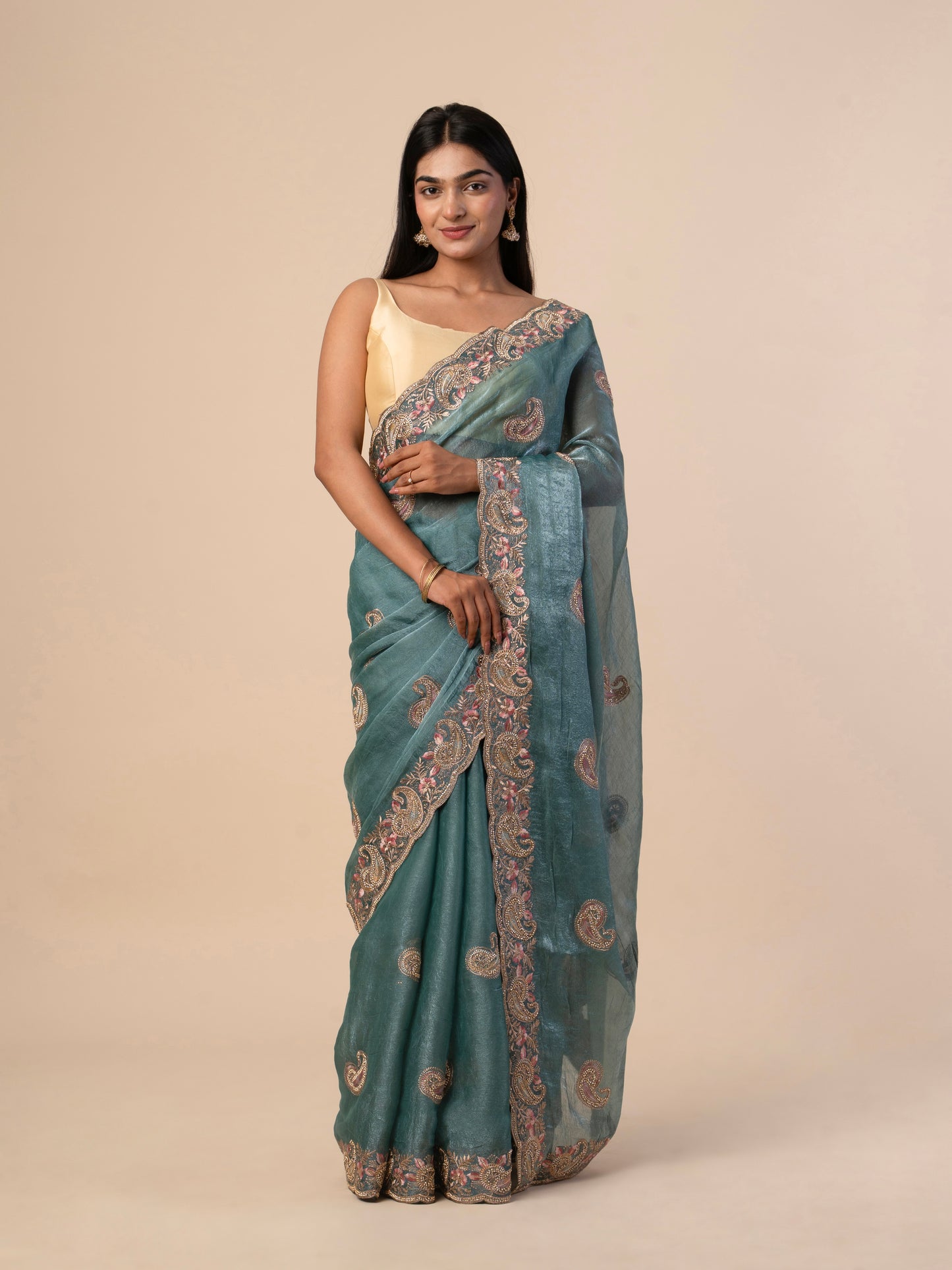Chiffon Silk Saree with Intricate Paisley Embroidery and Embellished Floral Border