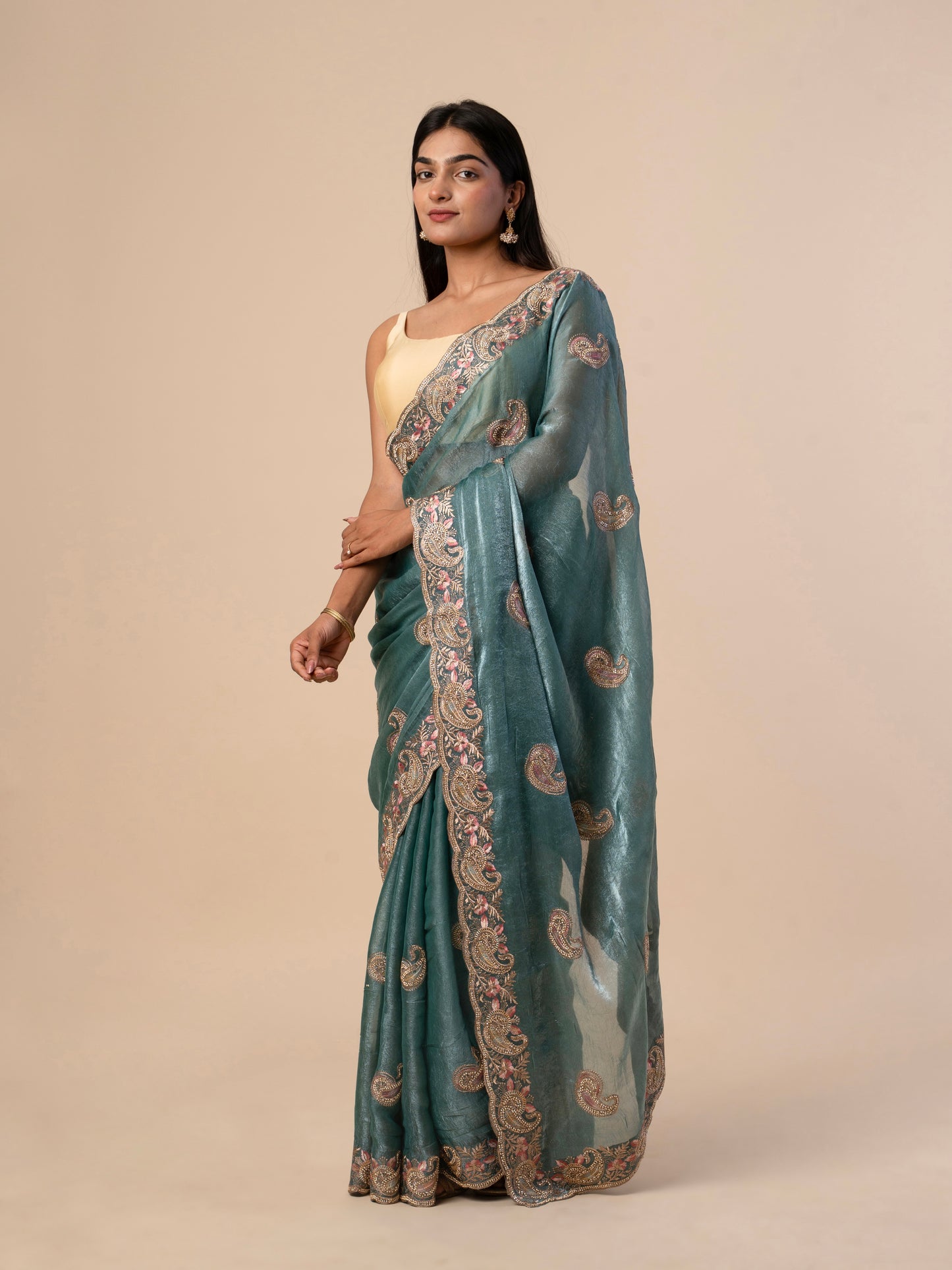 Chiffon Silk Saree with Intricate Paisley Embroidery and Embellished Floral Border