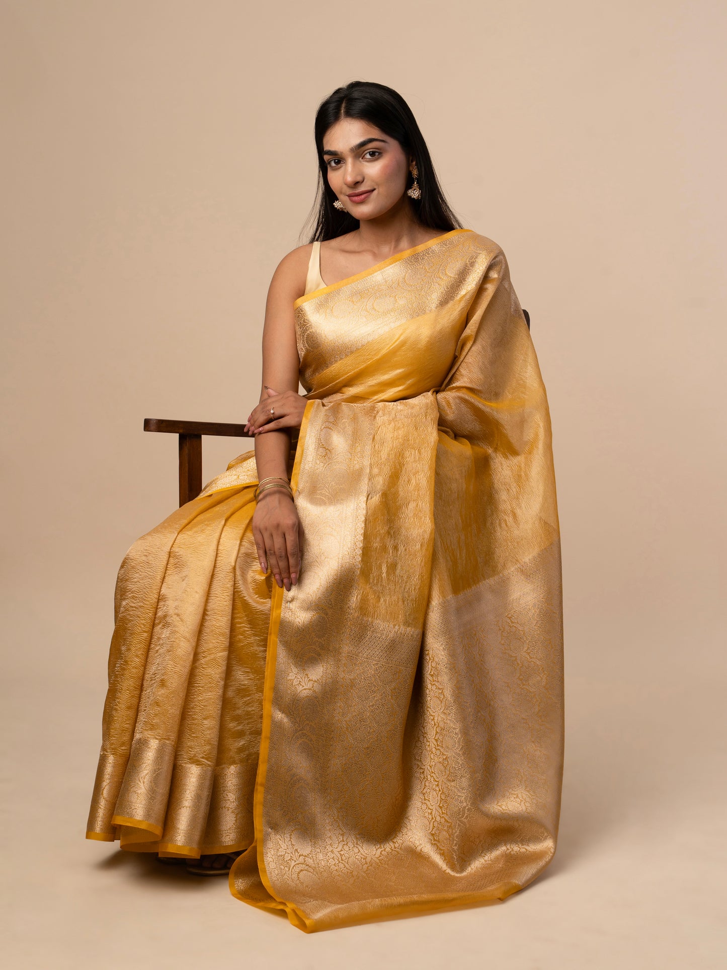 Crushed Tissue Saree with All-Over Zari Floral Weaving and Rich Zari Border