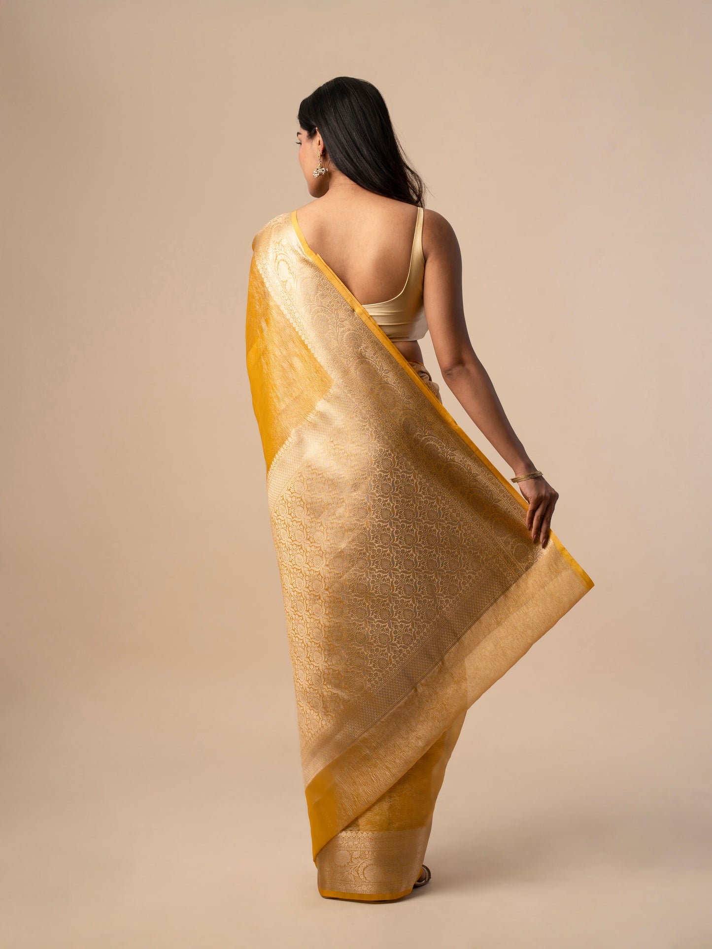 Crushed Tissue Saree with All-Over Zari Floral Weaving and Rich Zari Border