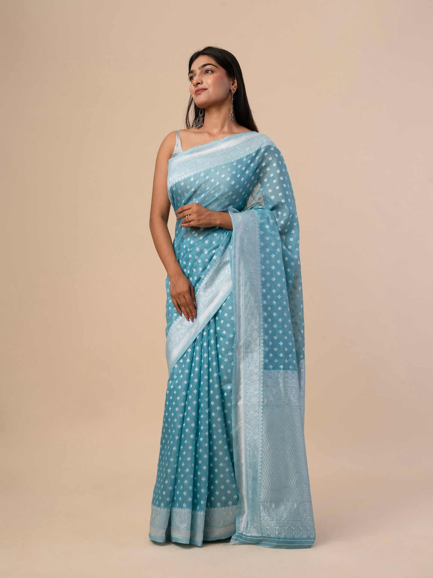 Cotton Silk Saree with All-Over Jacquard Buti Weaving and Self Woven Border