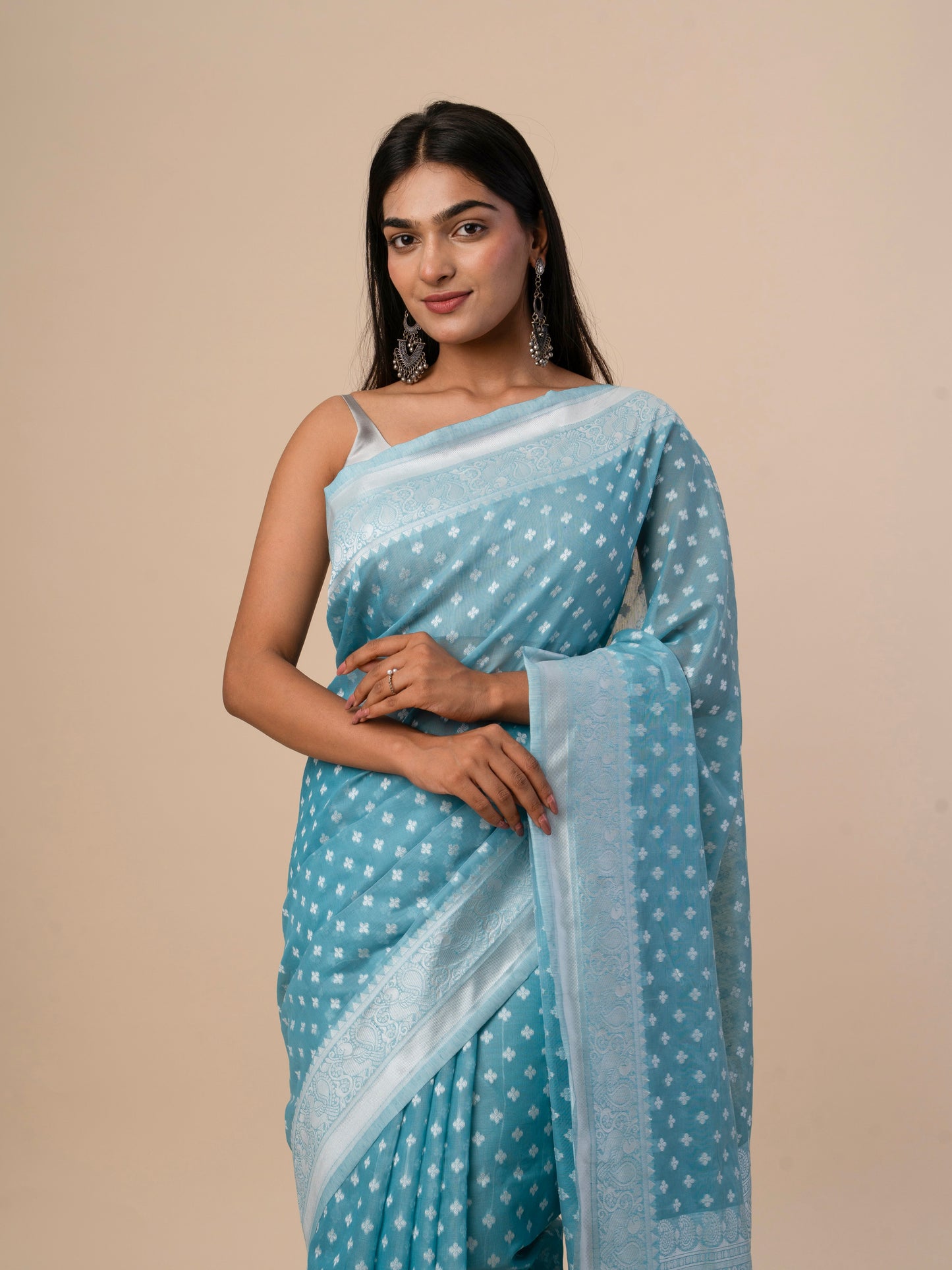 Cotton Silk Saree with All-Over Jacquard Buti Weaving and Self Woven Border
