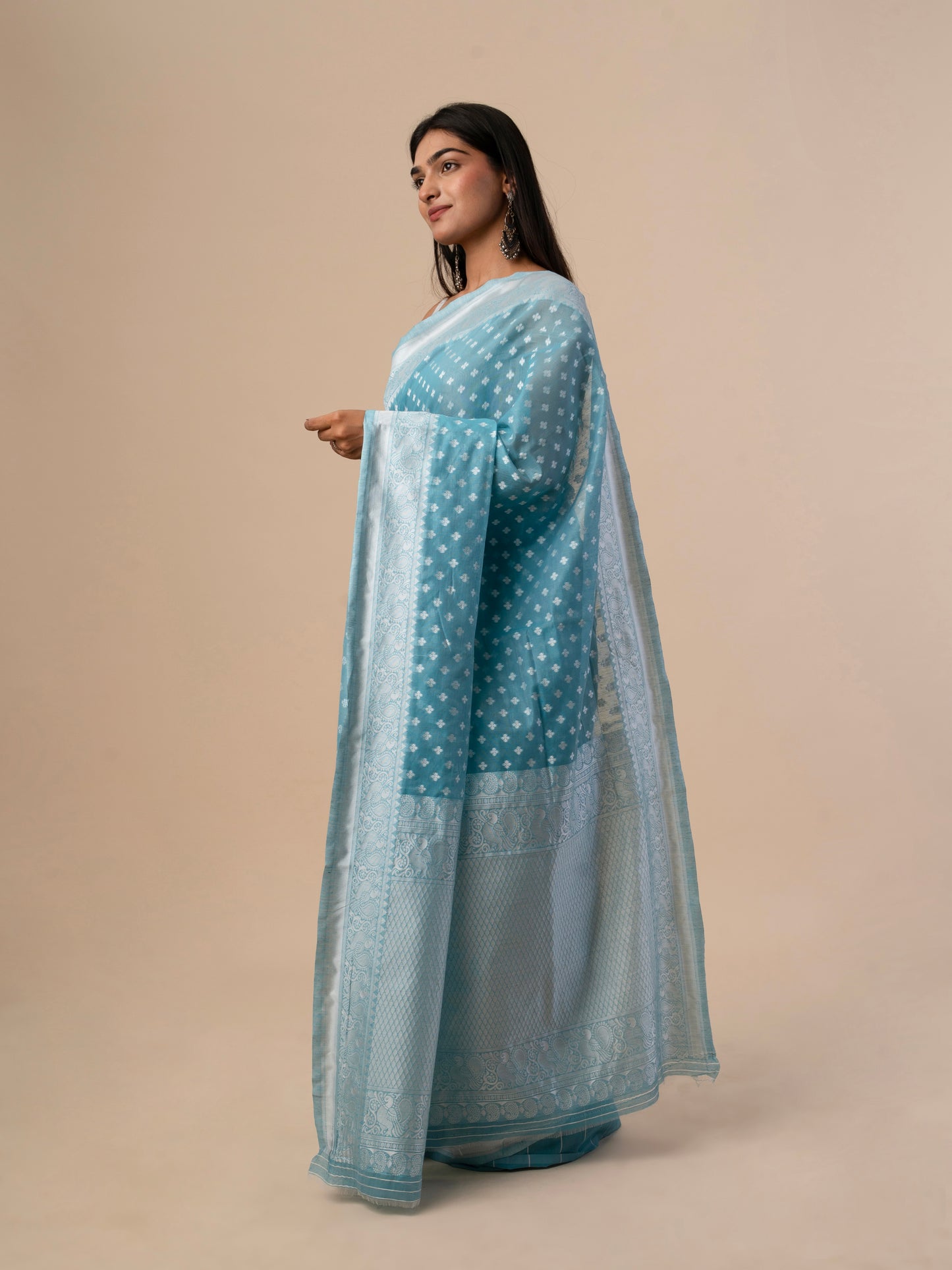 Cotton Silk Saree with All-Over Jacquard Buti Weaving and Self Woven Border