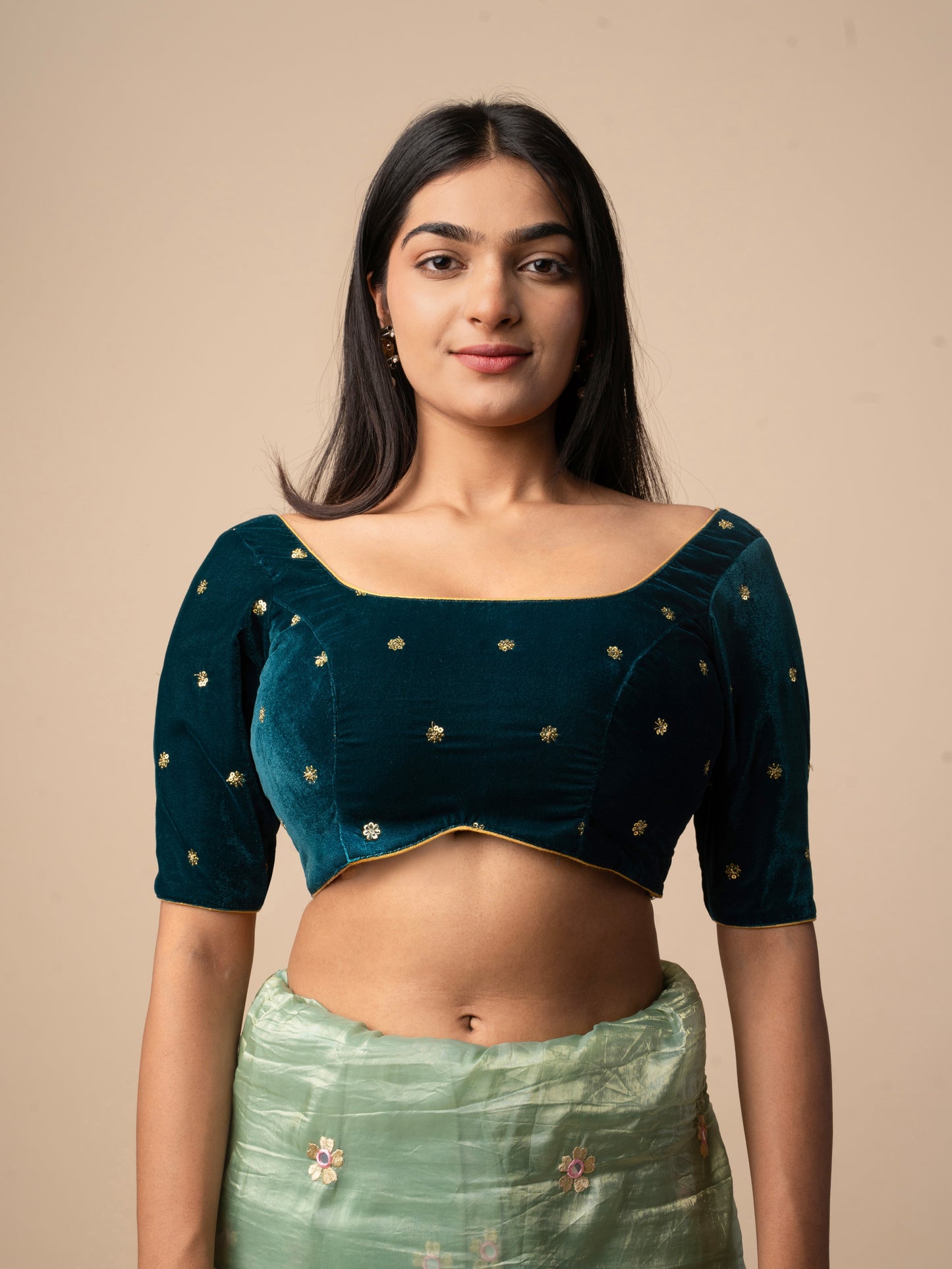 Emerald Green Velvet Blouse with Zari Embroidery
