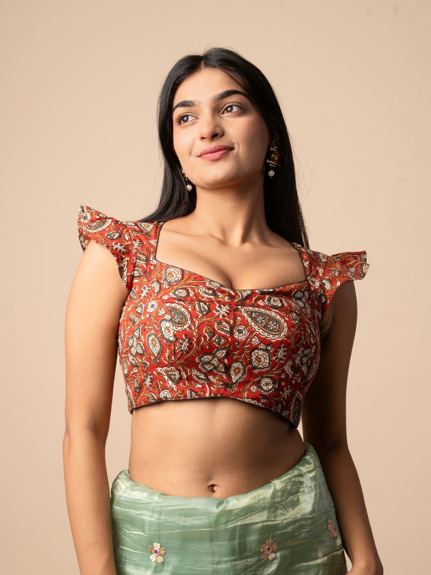 Ajrakh Print Cotton Blouse with Ruffle Sleeves