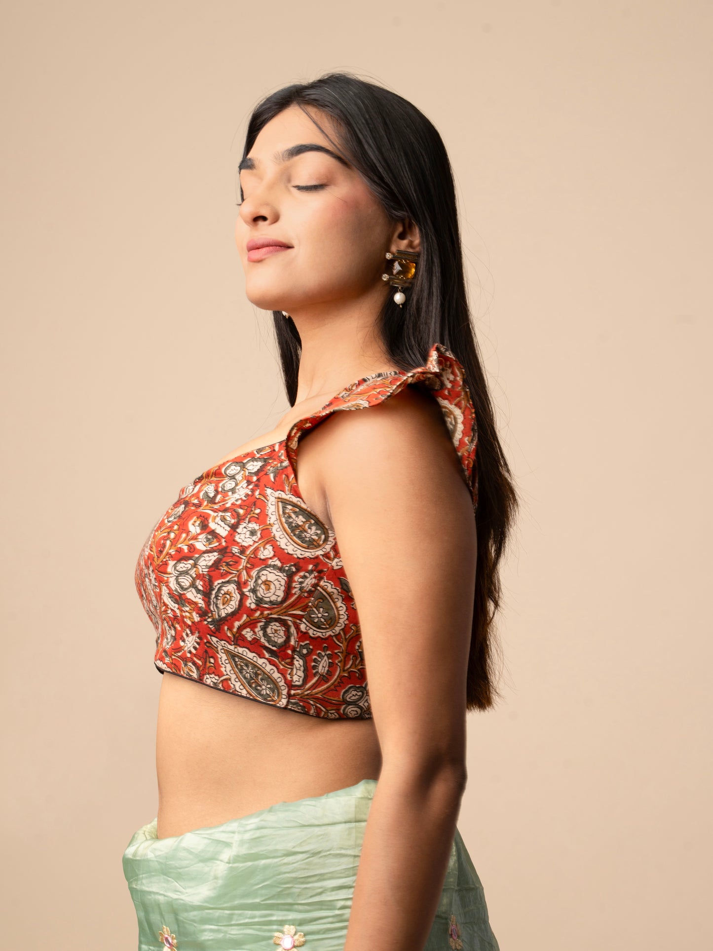 Ajrakh Print Cotton Blouse with Ruffle Sleeves