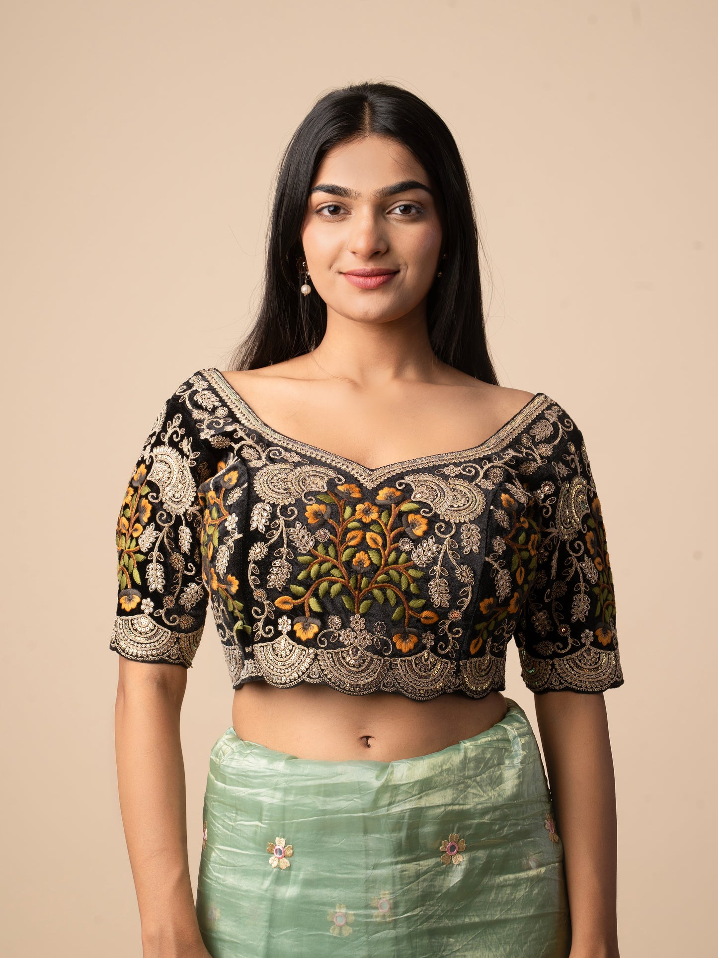 Black Heavy Embroidered Velvet Blouse with Zari and Sequin Work