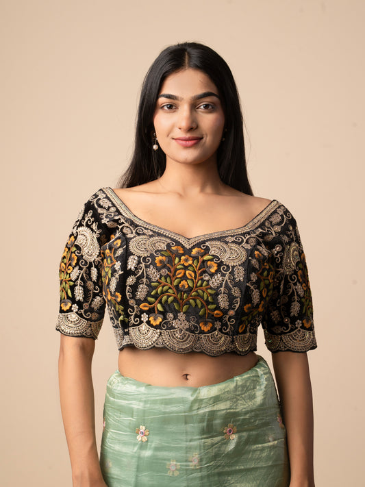 Black Heavy Embroidered Velvet Blouse with Zari and Sequin Work