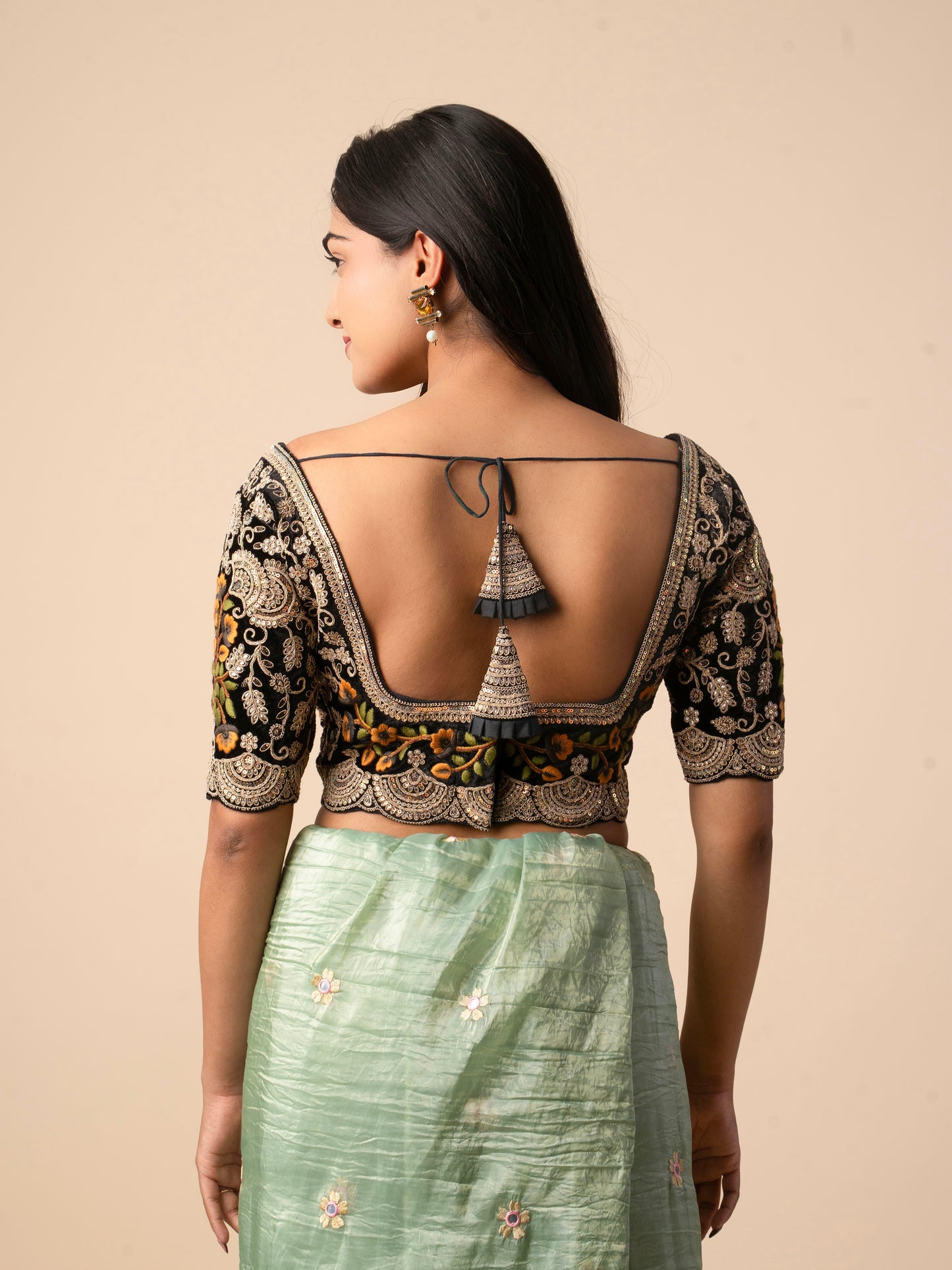 Black Heavy Embroidered Velvet Blouse with Zari and Sequin Work