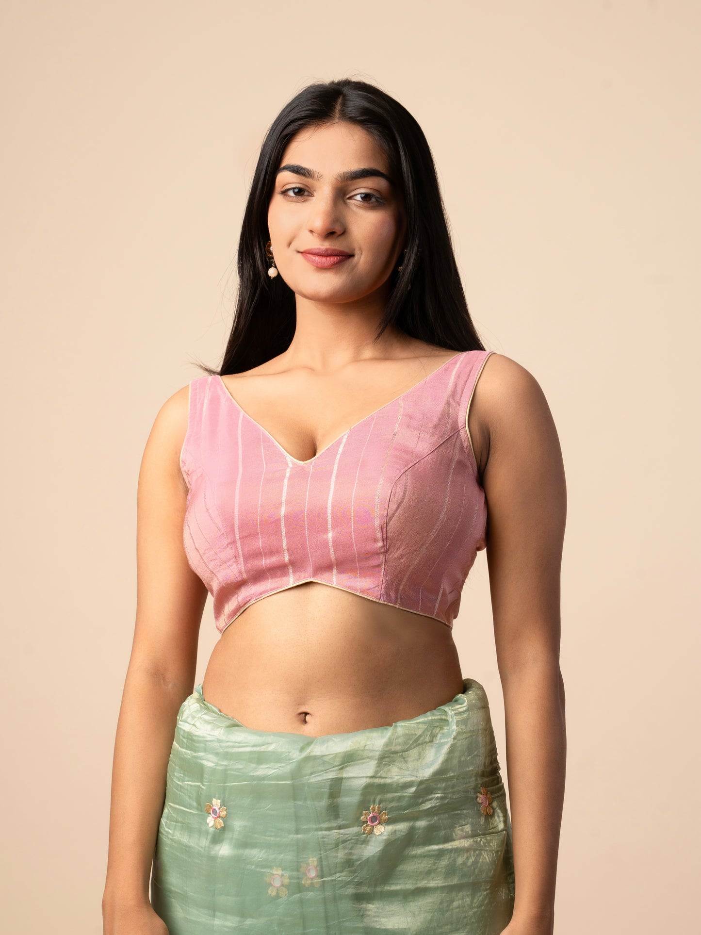 Baby Pink Silk Blouse with Zari Stripes & Tie-Up Tassels