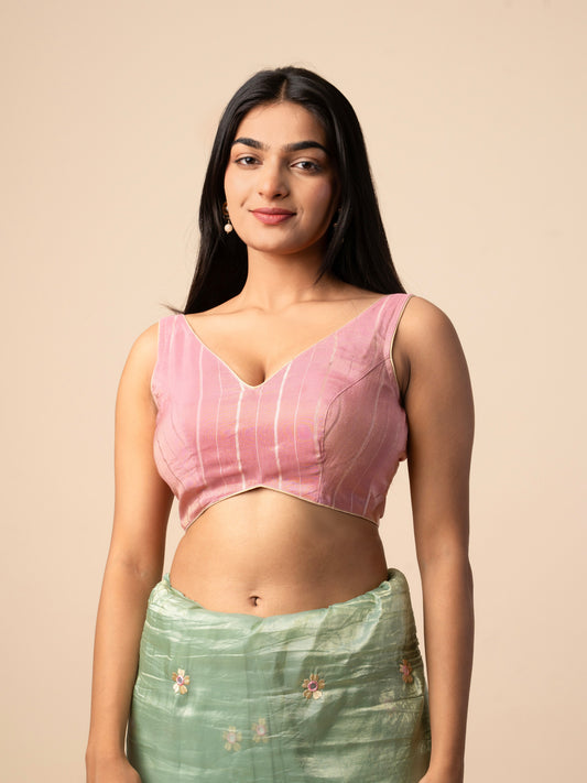 Baby Pink Silk Blouse with Zari Stripes & Tie-Up Tassels