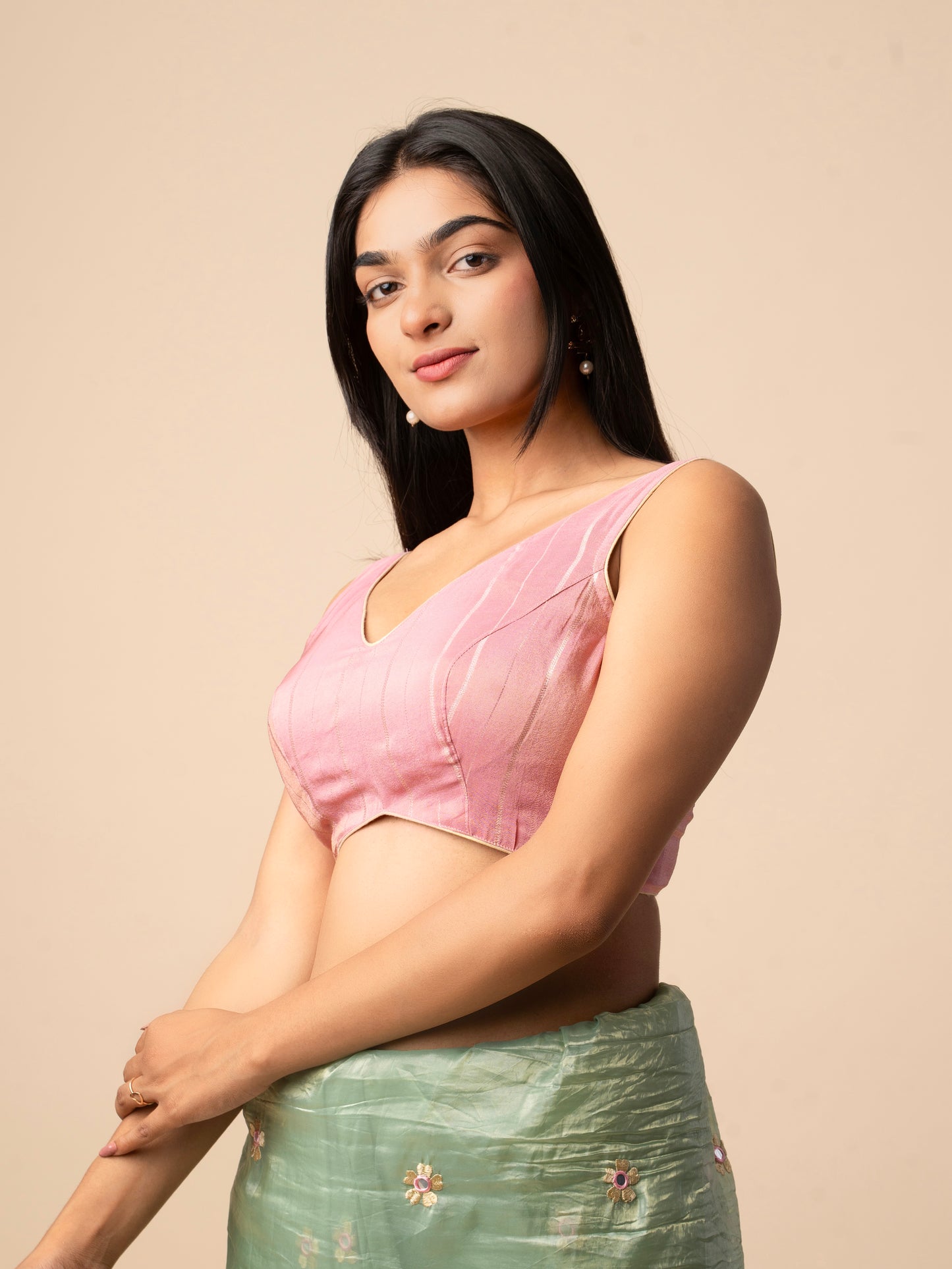 Baby Pink Silk Blouse with Zari Stripes & Tie-Up Tassels