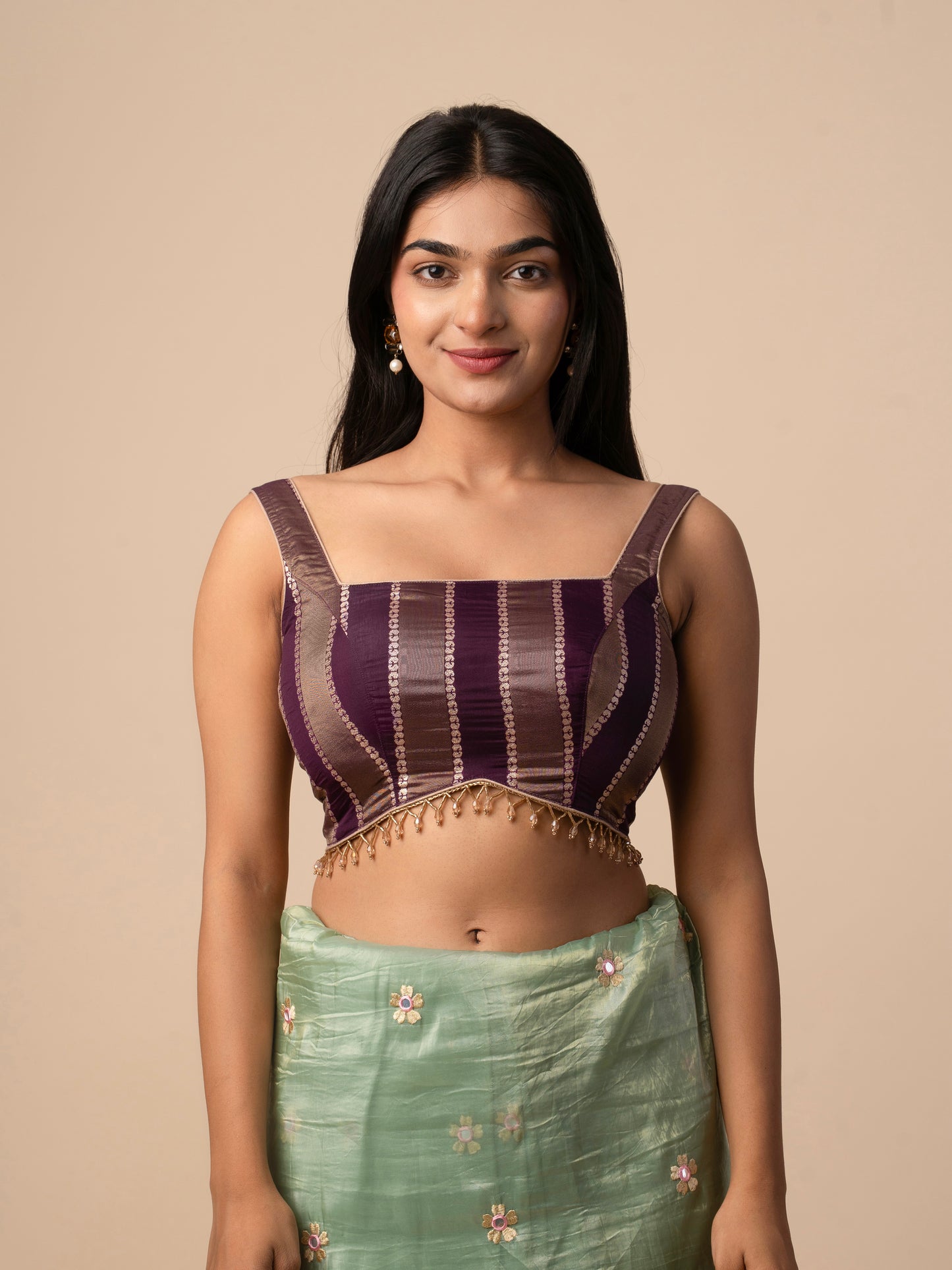 Purple Silk Blouse with Zari Stripes & Tassel Detailing
