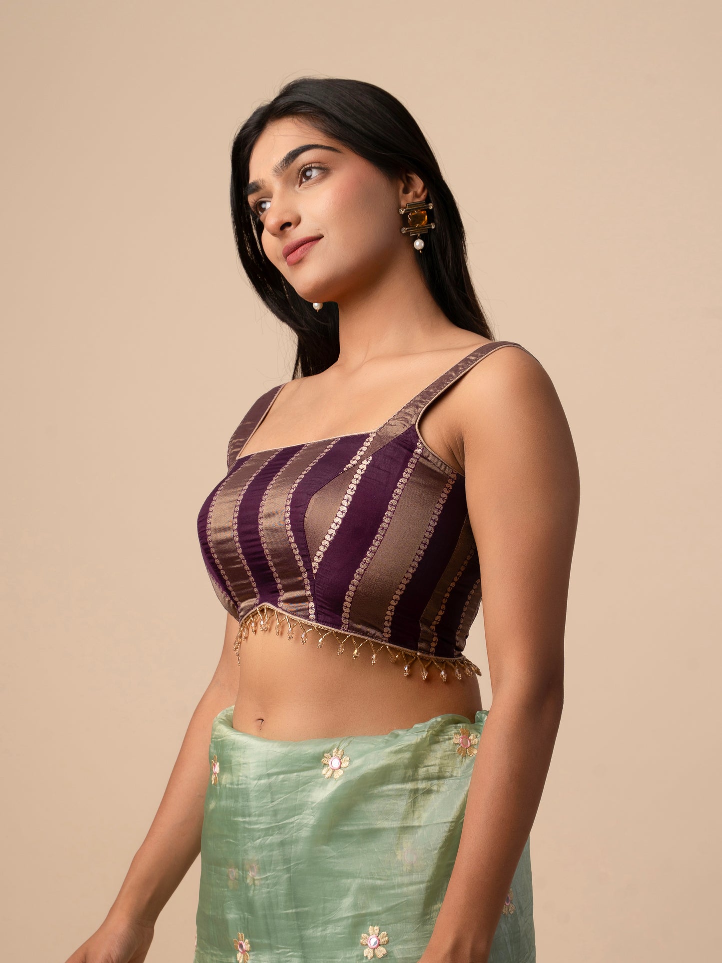 Purple Silk Blouse with Zari Stripes & Tassel Detailing