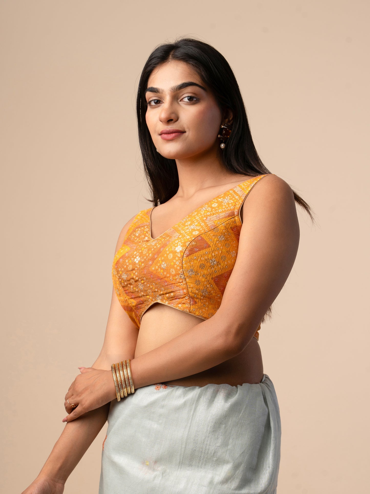 Mustard Yellow Organza Silk Blouse with Gold Zari Weaving