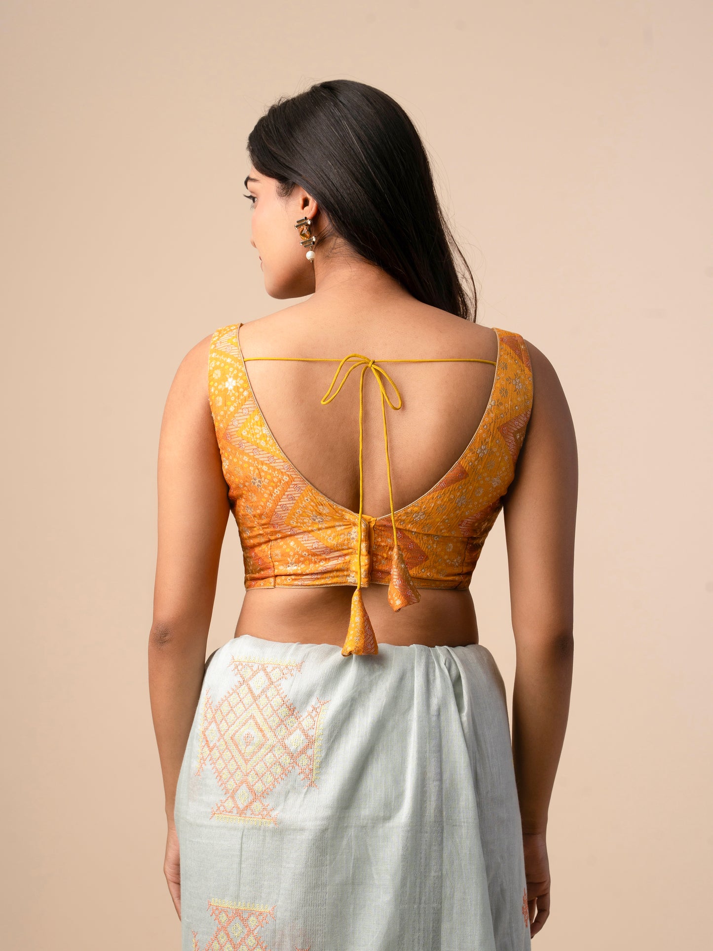 Mustard Yellow Organza Silk Blouse with Gold Zari Weaving