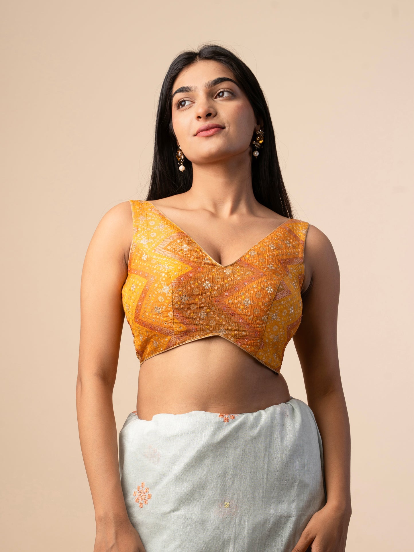 Mustard Yellow Organza Silk Blouse with Gold Zari Weaving