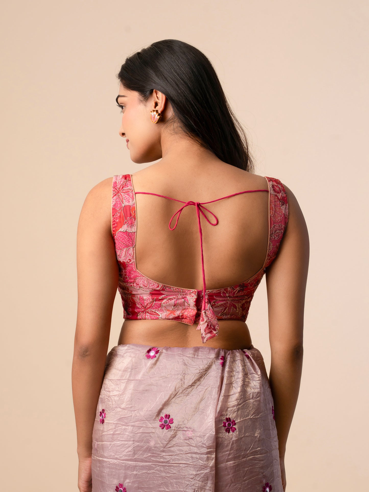 Pink Organza Embroidered Blouse with Gold Detailing