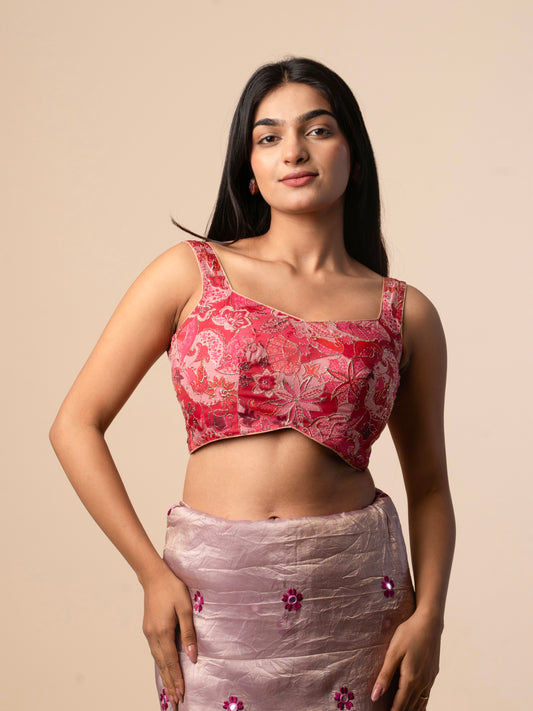 Pink Organza Embroidered Blouse with Gold Detailing