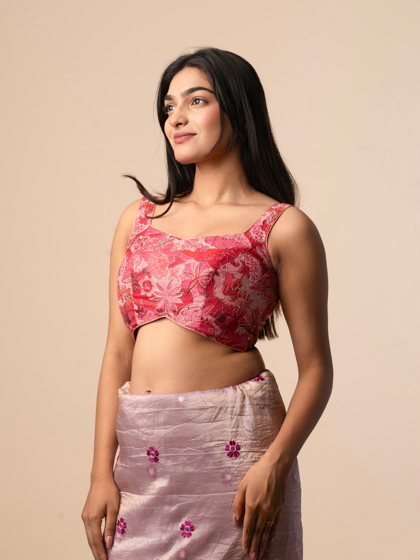 Pink Organza Embroidered Blouse with Gold Detailing