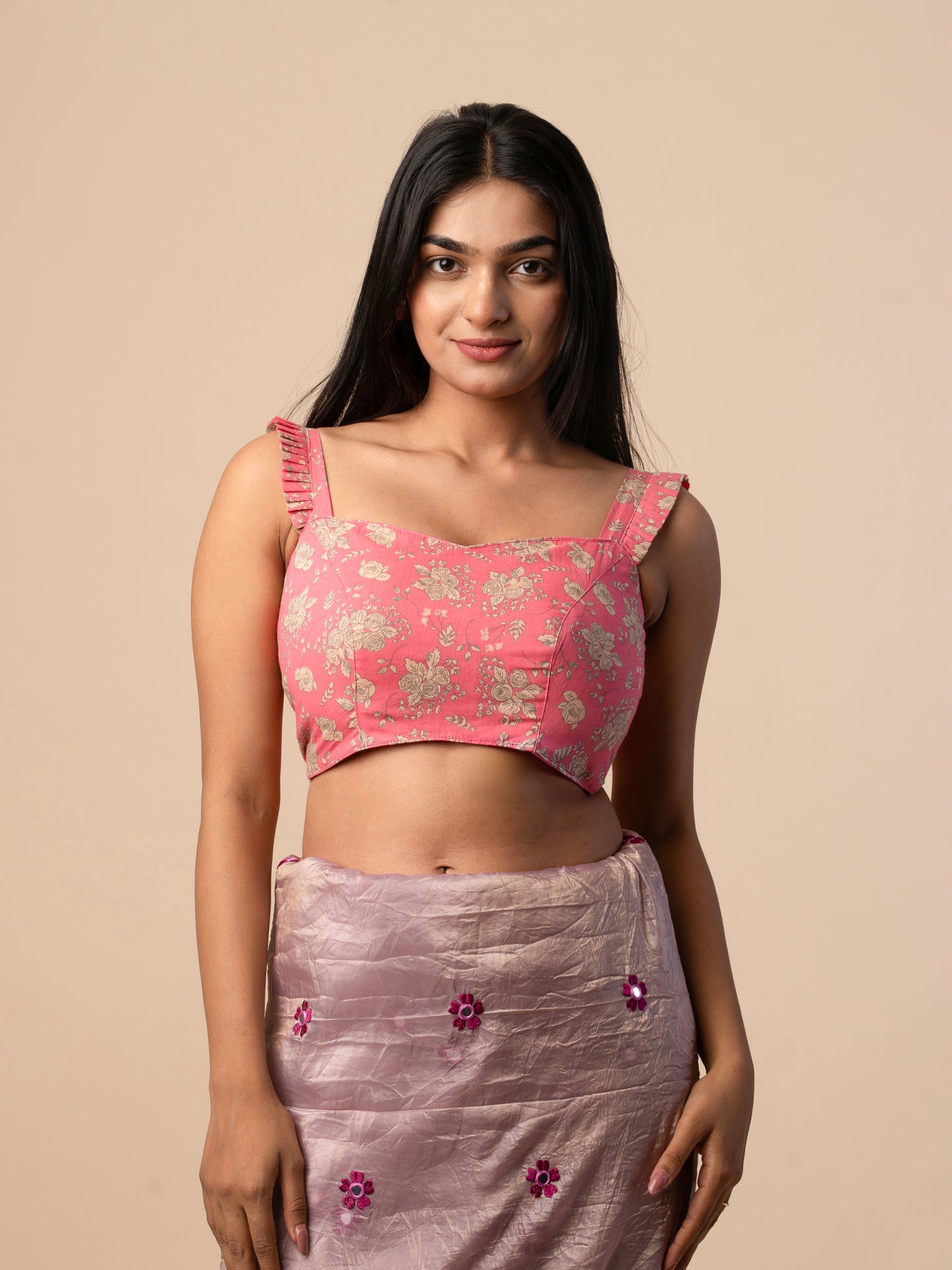 Pink Floral Printed Cotton Blouse with Pleated Straps