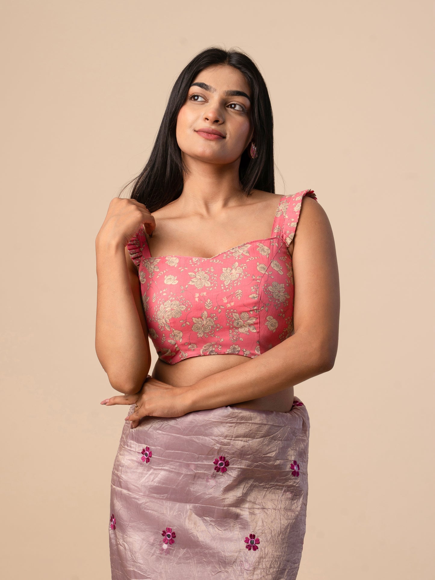 Pink Floral Printed Cotton Blouse with Pleated Straps