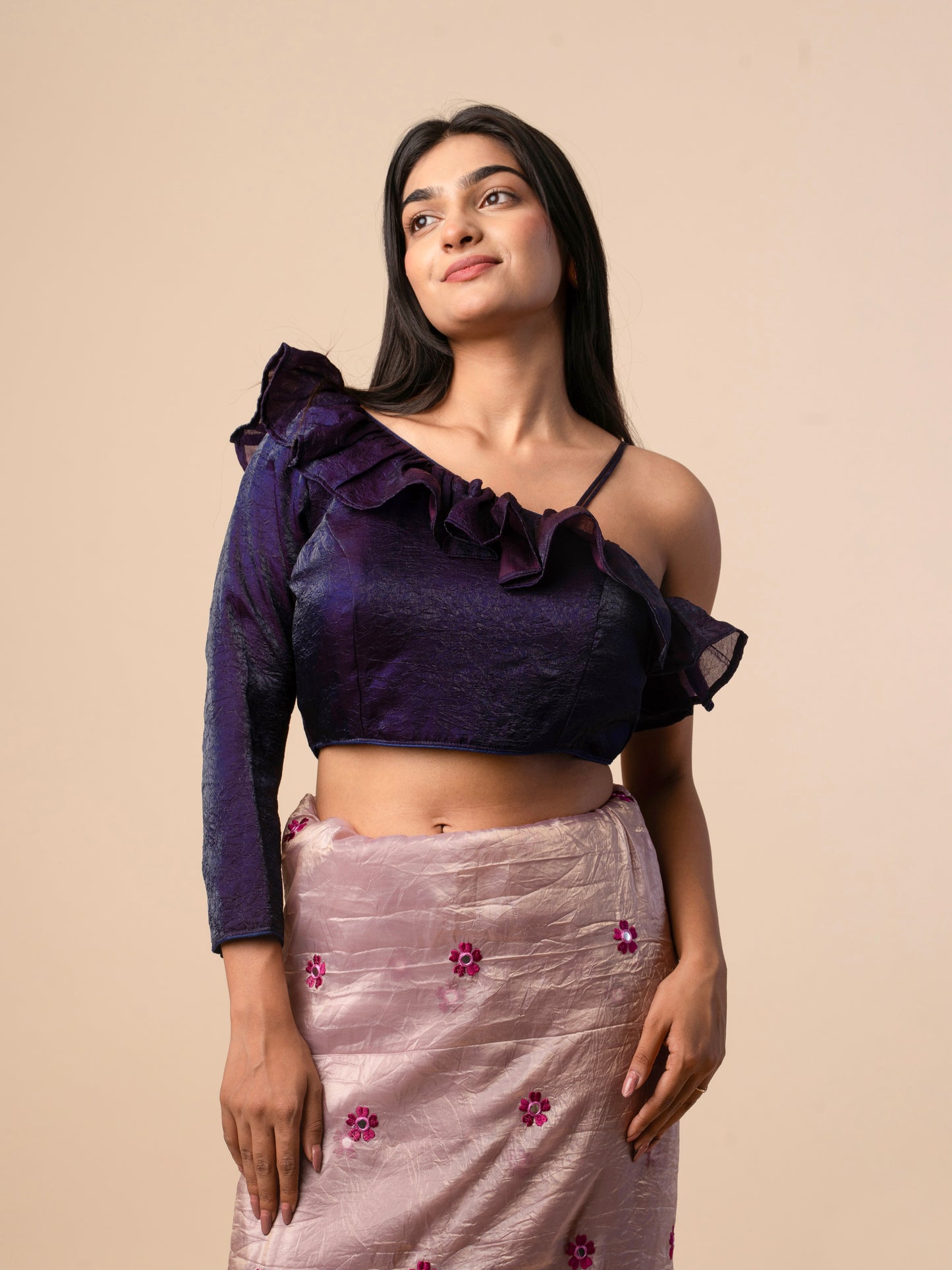 Deep Purple Off-Shoulder Ruffle Blouse with Full Sleeves