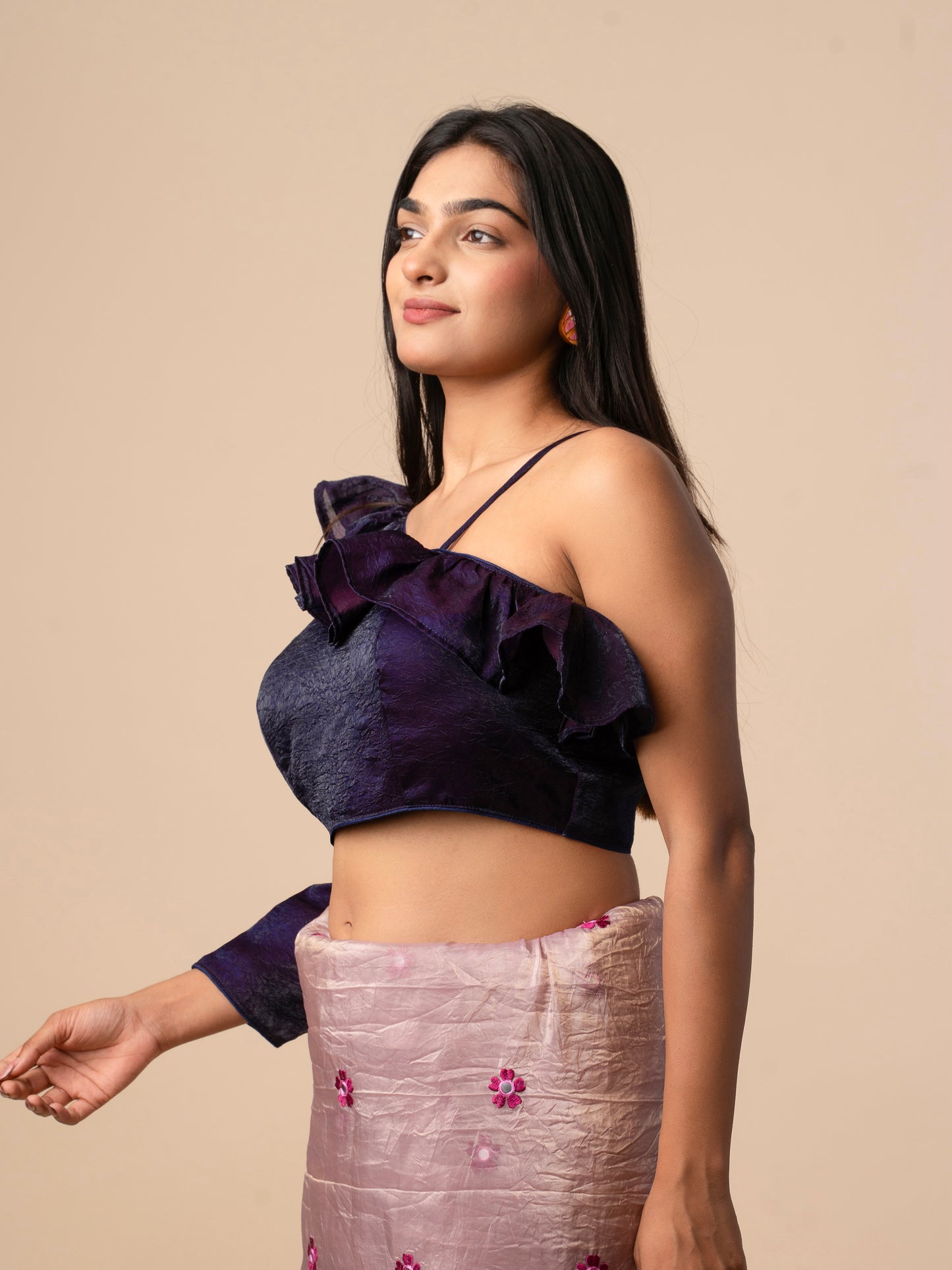 Deep Purple Off-Shoulder Ruffle Blouse with Full Sleeves