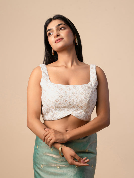 White Chikankari Blouse with Zari Accents
