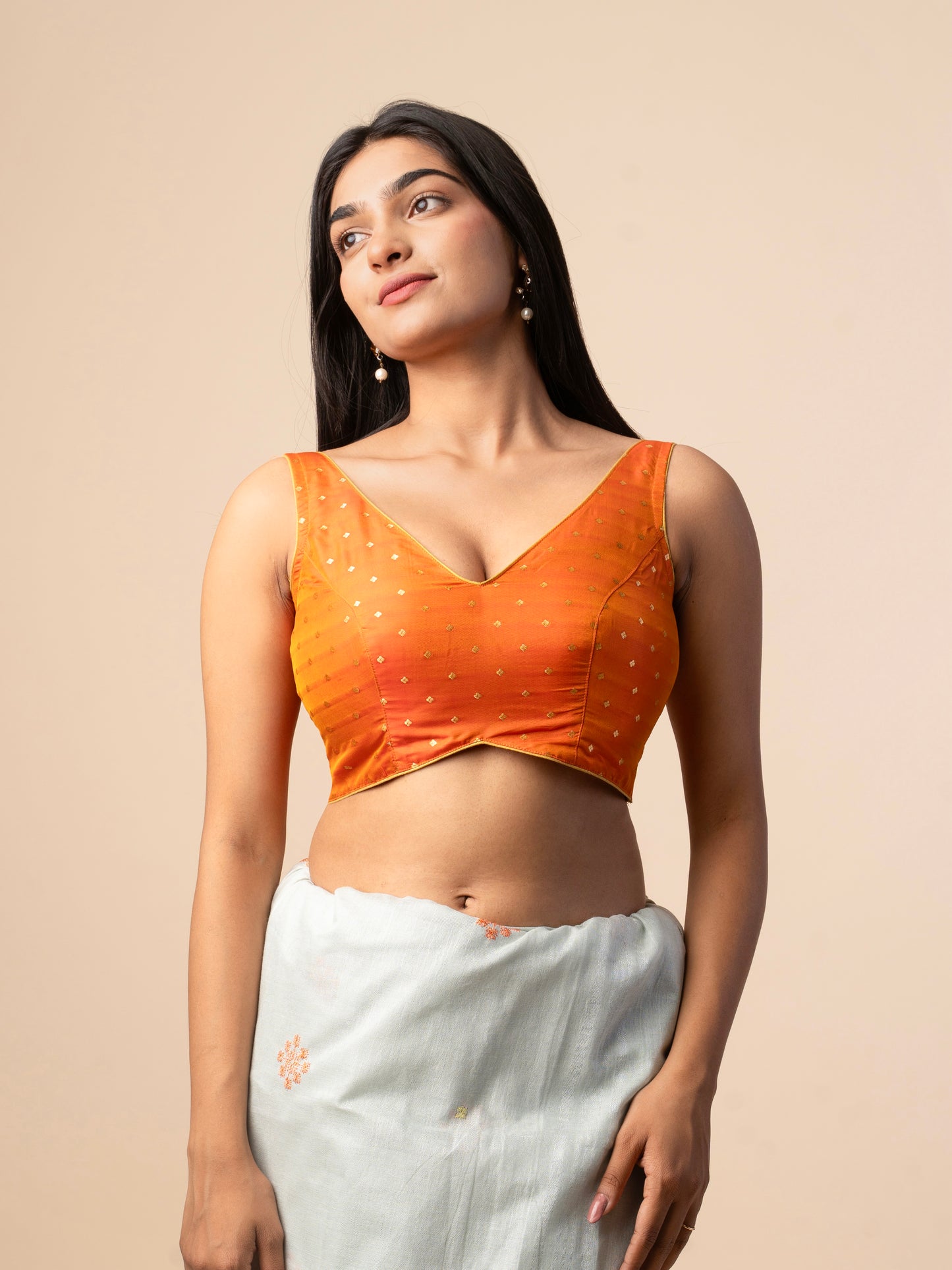 Orange Silk Blouse with Gold Zari Buti Work
