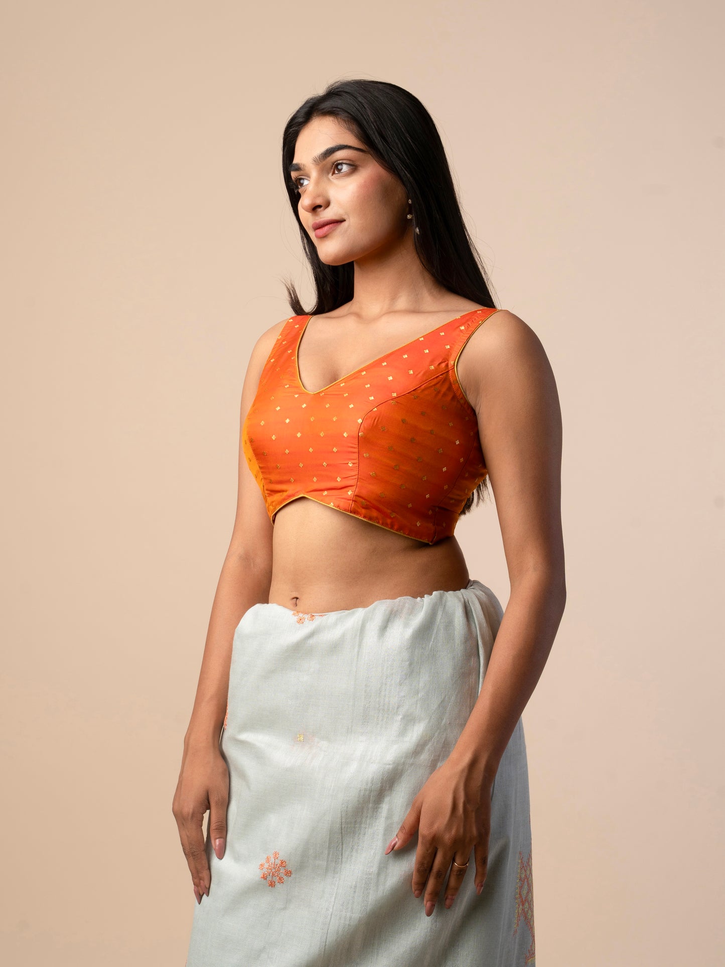 Orange Silk Blouse with Gold Zari Buti Work