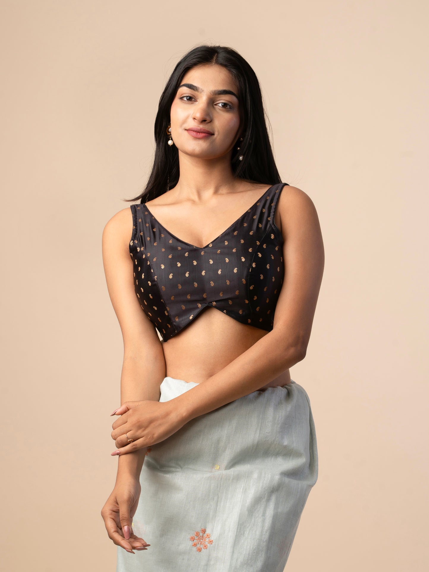 Black Banarasi Silk Blouse with Gold Zari Buti