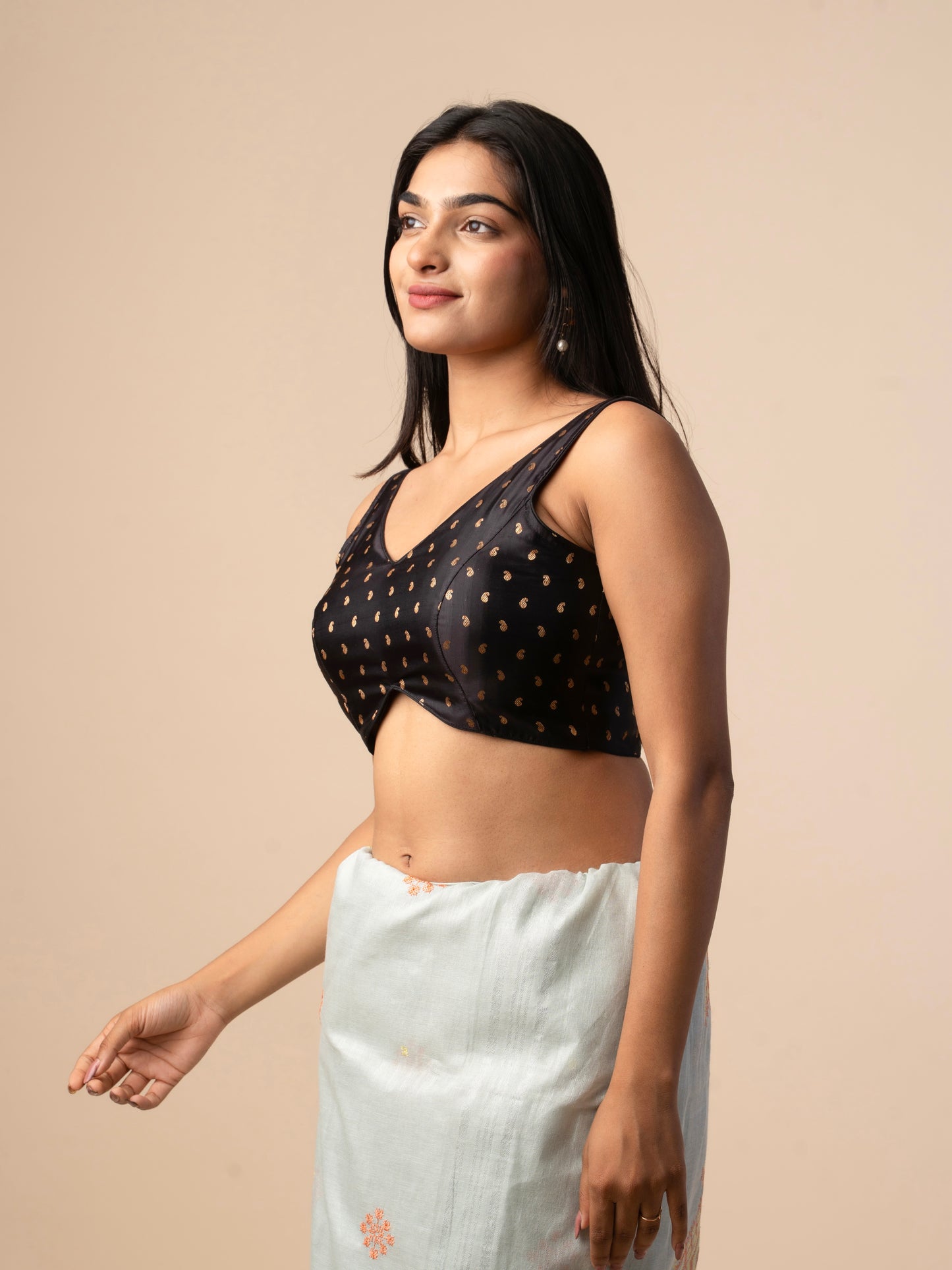 Black Banarasi Silk Blouse with Gold Zari Buti